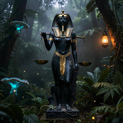 Ancient Ma'at Statue in Misty Jungle