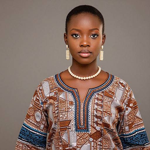 Photograph of an African woman with dark skin, short hair, wearing a patterned brown and blue blouse, white pearl necklace, and matching earrings,
