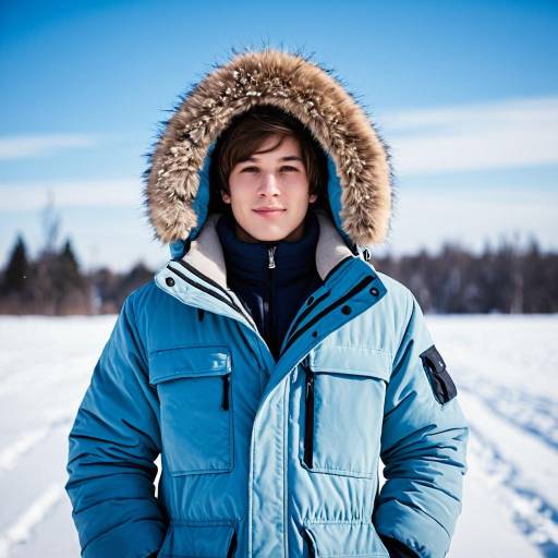 Young Man in Blue Winter Parka with Fur Hood