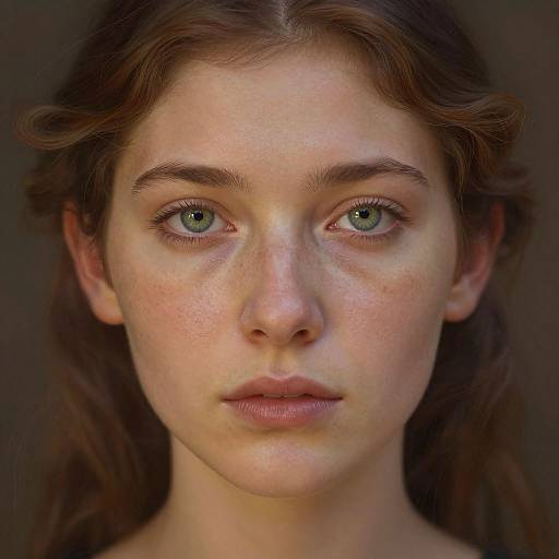 Photograph of a young woman with green eyes, fair skin, freckles, and brown wavy hair, looking directly at the camera.