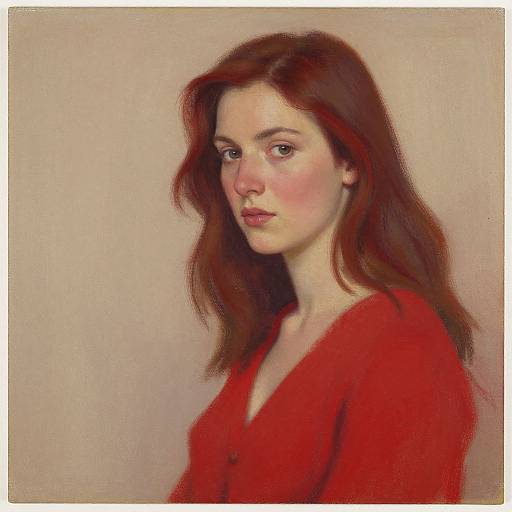Digital painting of a pale-skinned woman with red hair, wearing a red V-neck top, gazing thoughtfully to the side against a beige background