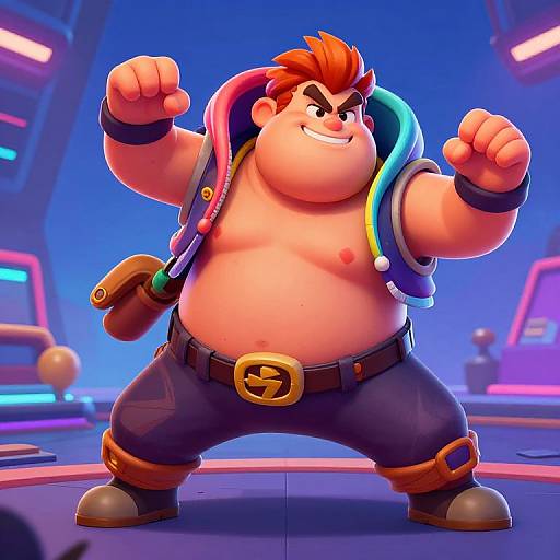 CGI cartoon of a muscular, red-haired, shirtless man with a large belly, wearing dark pants and a colorful jacket, in a futuristic blue