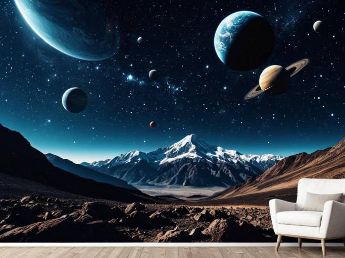 Space Planets Over Mountain Landscape Wallpaper