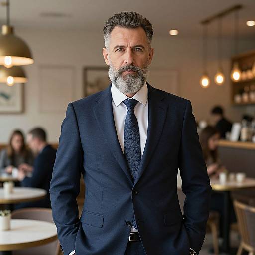 Photograph of a middle-aged man with a gray beard, wearing a dark blue suit, white shirt, and patterned tie, standing in a warmly