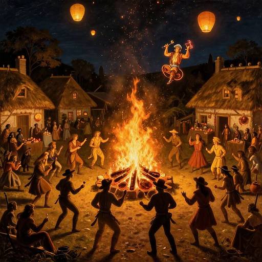 Vibrant photograph of a night-time village dance around a roaring fire, with silhouetted dancers, floating lanterns, and thatched h
