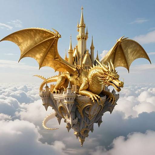 Golden dragon with large wings perched atop a floating, ornate castle amidst fluffy clouds, under a bright blue sky. Fantasy CGI artwork.