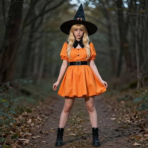 Blonde Witch Girl in Orange Dress