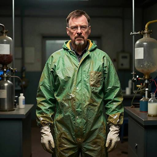 Photograph of a middle-aged man with glasses, beard, and green, slightly dirty, hooded lab coat, standing in a dimly lit laboratory