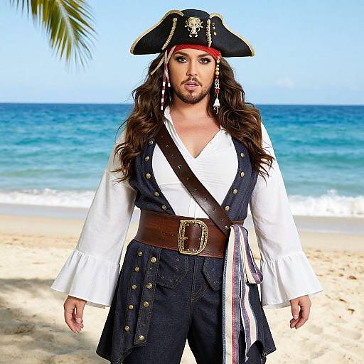 Photograph of a bearded man with long brown hair, wearing a black pirate hat, white shirt, and blue vest, standing on a sunny beach