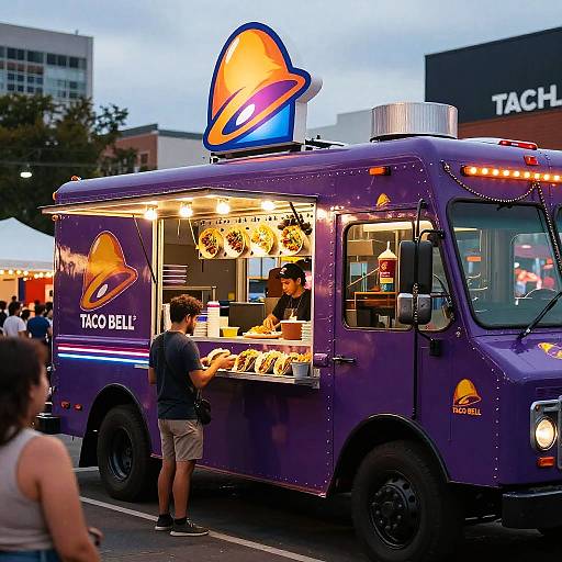 Photograph of a purple Taco Bell food truck with illuminated menu, two customers ordering, and cityscape background at dusk.