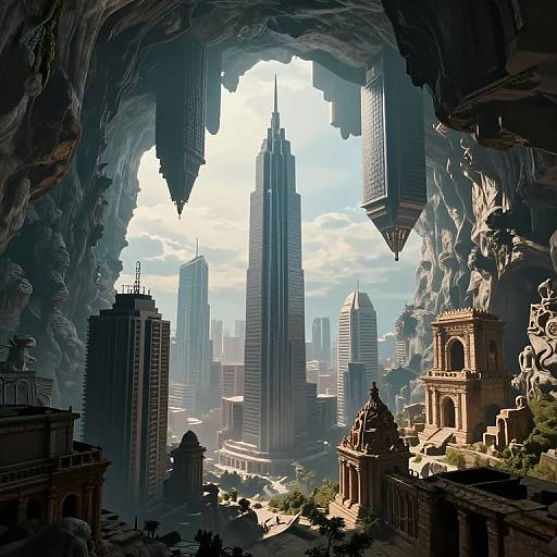 Digital artwork of a futuristic cityscape viewed through a rocky cave entrance, featuring towering skyscrapers, ancient ruins, and hanging buildings.