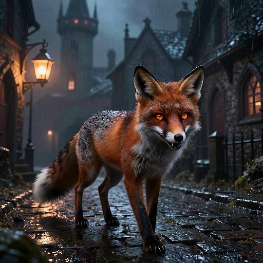 Photorealistic digital painting of a glowing-eyed red fox standing on a rain-soaked, cobblestone street in a Gothic, misty village at