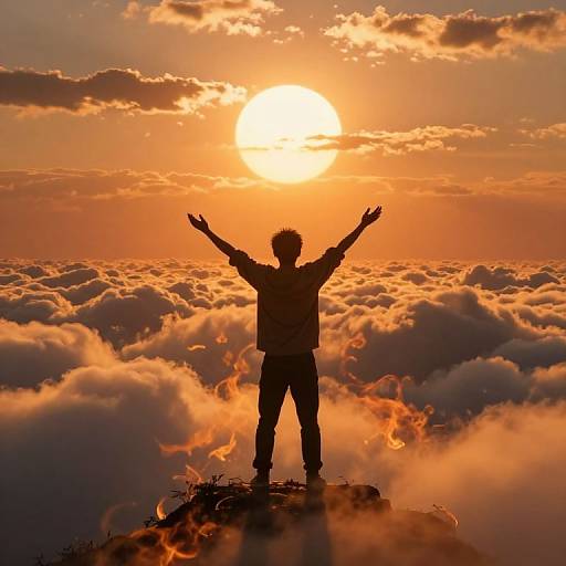 Silhouetted person with arms raised stands on rocky peak, surrounded by glowing orange clouds, and bright sun at sunset.