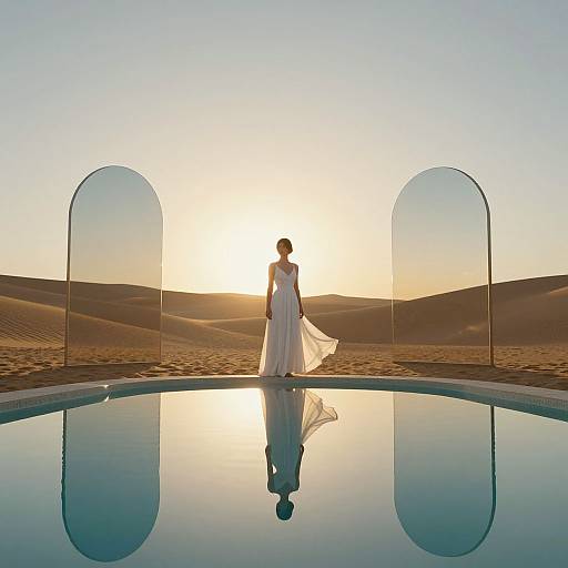 Silhouetted bride in white gown stands at sunset, reflected in circular pool, flanked by transparent arches, in desert landscape.