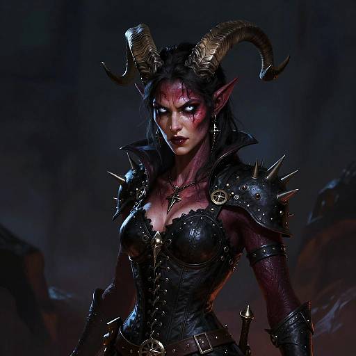 Digital artwork of a dark, demonic female warrior with curved horns, glowing red eyes, black leather armor, spikes, and glowing red markings. Background is