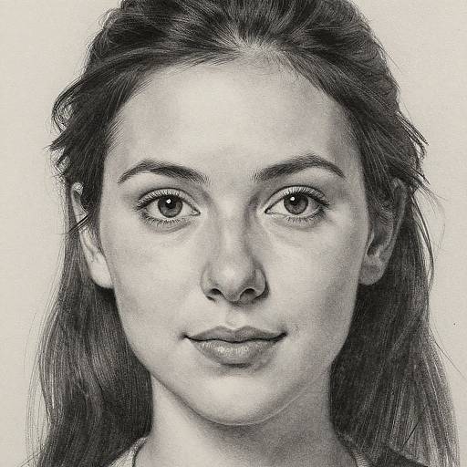 Black-and-white pencil drawing of a young woman with long hair, large expressive eyes, and a gentle smile, centered against a white background. Realistic