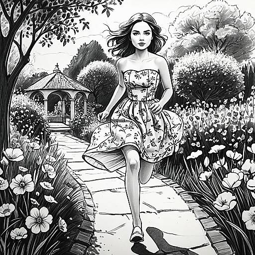 Monochrome Pencil Sketch of Girl Running