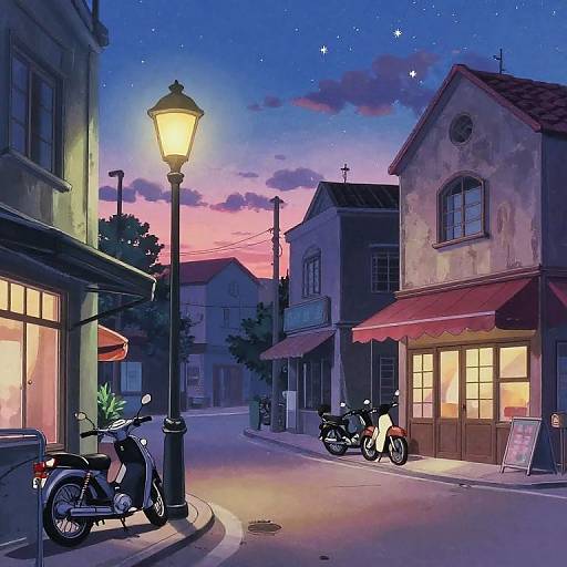 Digital painting of a twilight street scene with glowing lamppost, parked motorcycles, and lit storefronts, featuring a starry pink-orange sky.