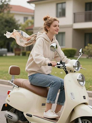 Young woman riding vintage scooter