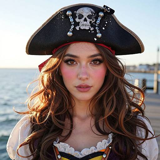 Photograph of a young woman with long brown hair, wearing a black pirate hat with a skull and crossbones, and a white lace-trimmed