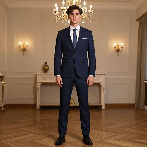 Photograph of a young man with curly brown hair, wearing a dark navy suit, white shirt, and black tie, standing in an elegant, orn
