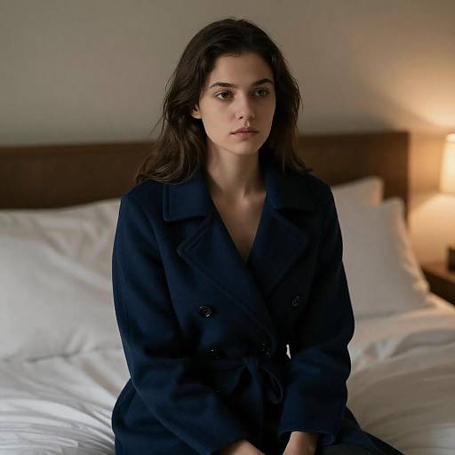 Pensive Young Woman in Dark Blue Coat