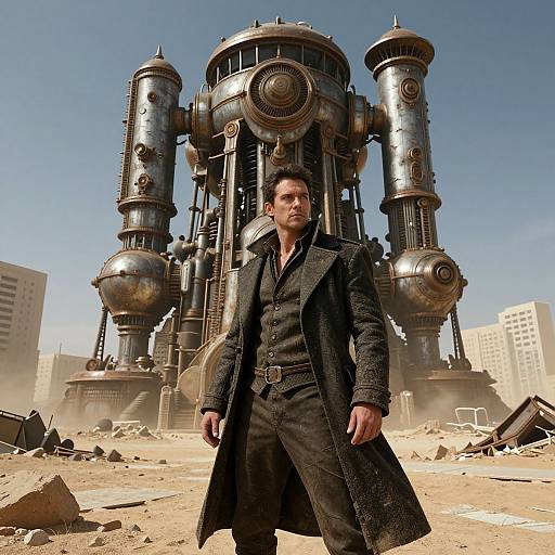Photograph of a stern man in a long black coat standing in front of a large, steampunk-style metal machine against a clear blue sky,