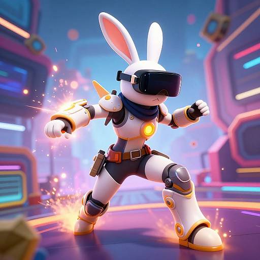 CGI image of a white, robotic bunny in futuristic armor, with a visor, firing energy blasts in a neon-lit, cyberpunk city