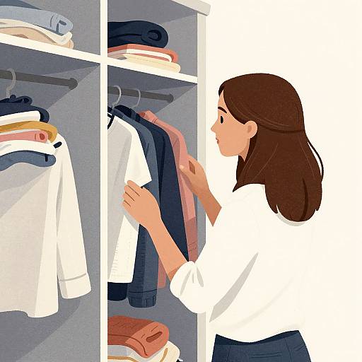 Digital illustration of a brown-haired woman in a white shirt, organizing clothes in a gray wardrobe with shirts, jackets, and shoes.