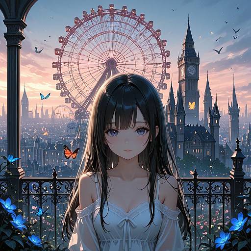 Anime Girl with Ferris Wheel and Clock Tower at Sunset