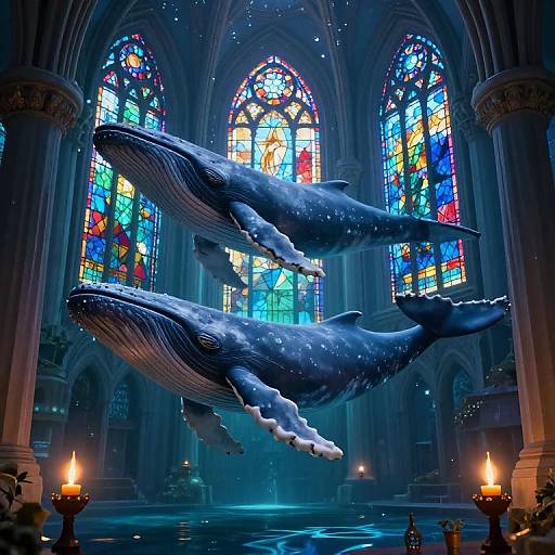 Photorealistic digital art: Two large, detailed whales floating in a dimly lit, gothic cathedral with vibrant stained glass windows. Candles burn