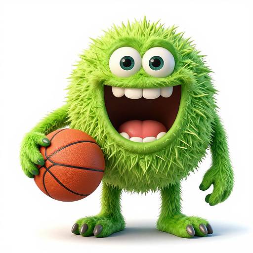 CGI cartoon green monster with spiky fur, large eyes, and wide toothy grin, holding a basketball, standing against a white background.