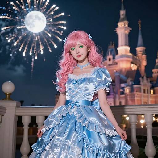 Photograph of a young woman with pink hair and green eyes, wearing a blue, frilled, satin princess dress, standing on a castle balcony at