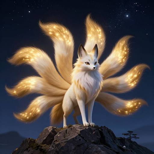 Digital artwork of a glowing, nine-tailed fox standing on a rocky peak under a starry night sky, with illuminated fur.