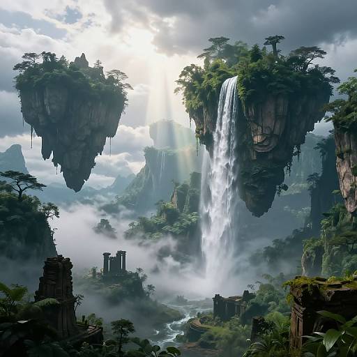 Digital fantasy landscape: towering, lush floating islands with waterfalls, ancient ruins, mist, and sunlight breaking through clouds. Dramatic, vibrant, and