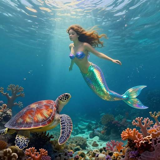 Photograph of a shimmering mermaid with golden scales and blue top, swimming with a colorful sea turtle in a vibrant underwater coral reef. Sunlight