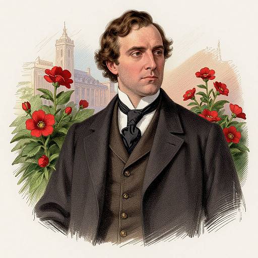 Illustration of a serious young man in 19th-century dark suit and tie, with red flowers and a cityscape in the background.