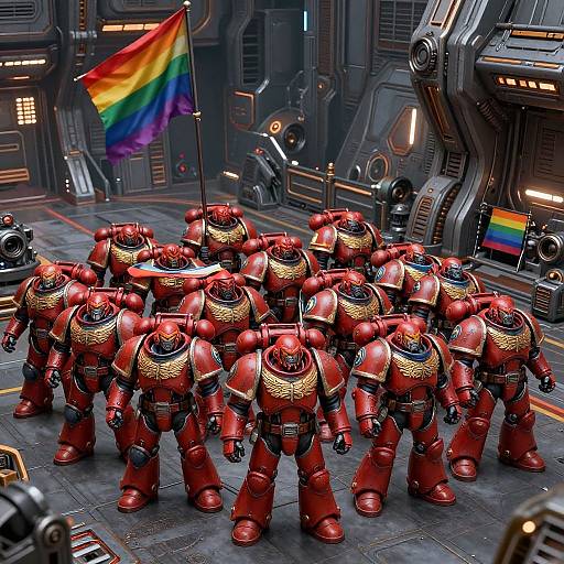 Photorealistic CGI of a group of red, golden-accented robotic soldiers holding a rainbow flag in a futuristic, metallic spaceship interior.