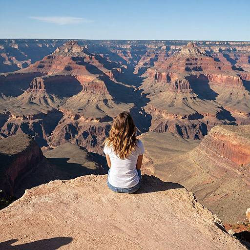 Photograph of a woman with brown hair in a white shirt, sitting on a rocky cliff, gazing at Grand Canyon's vast, colorful, layered