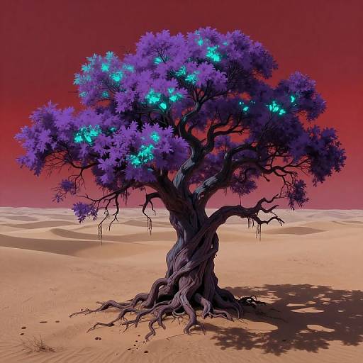 Digital art of a surreal tree with purple leaves glowing blue, twisting dark trunk, and shadowed roots in a red desert.