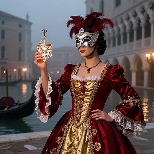 Venetian Masquerade Lady in Moonlit Courtyard