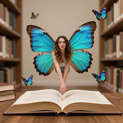 Photograph of a woman with blue butterfly wings, brown hair, in a white dress, leaning on an open book in a library with floating blue butterflies