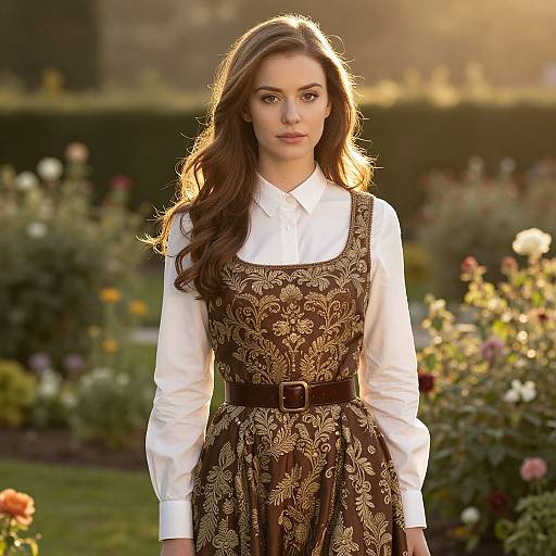 Elegant Woman in Embroidered Dress in Sunlit Garden