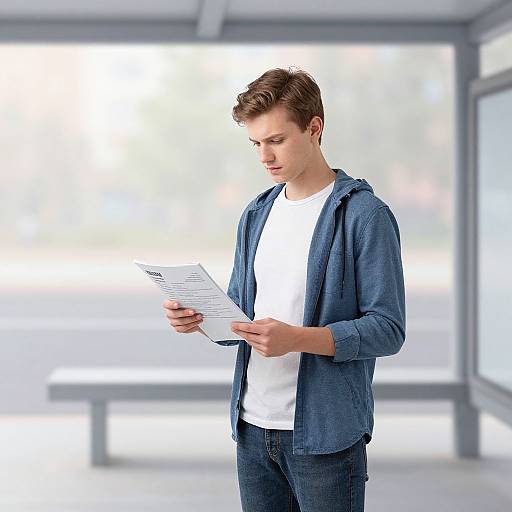 Photograph of a young Caucasian man with short brown hair, wearing a blue denim jacket and white t-shirt, reading a paper in a bright, modern