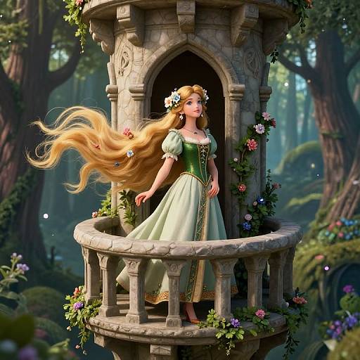 CGI fairy tale image of a blonde princess with long, flowing hair, wearing a green and white dress, standing in a stone tower surrounded by forest