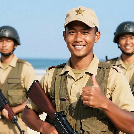 Smiling Soldier Giving Thumbs Up on Beach
