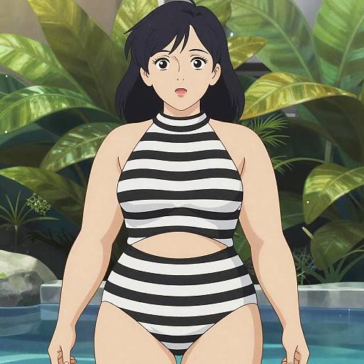 Anime-style drawing of a surprised, curvy woman with black hair, wearing a black and white striped halter swimsuit, standing in a lush,