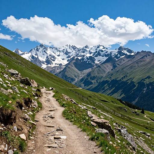 Photograph of a dirt hiking trail winding through green grassy hills, leading to a backdrop of snow-capped mountain peaks under a vivid blue sky with