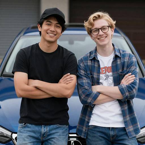 Casual Friends Posing by Blue Car