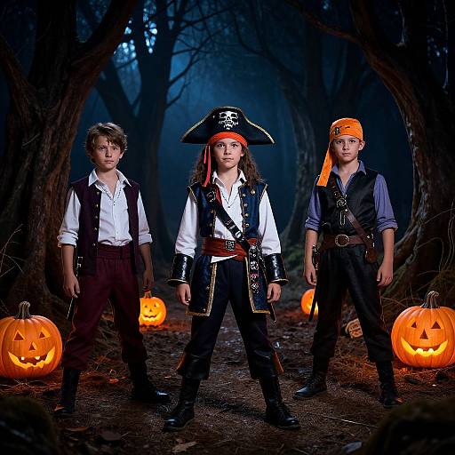 Photograph of three children in pirate and pirate-themed Halloween costumes, standing in a dark forest with glowing jack-o'-lanterns.
